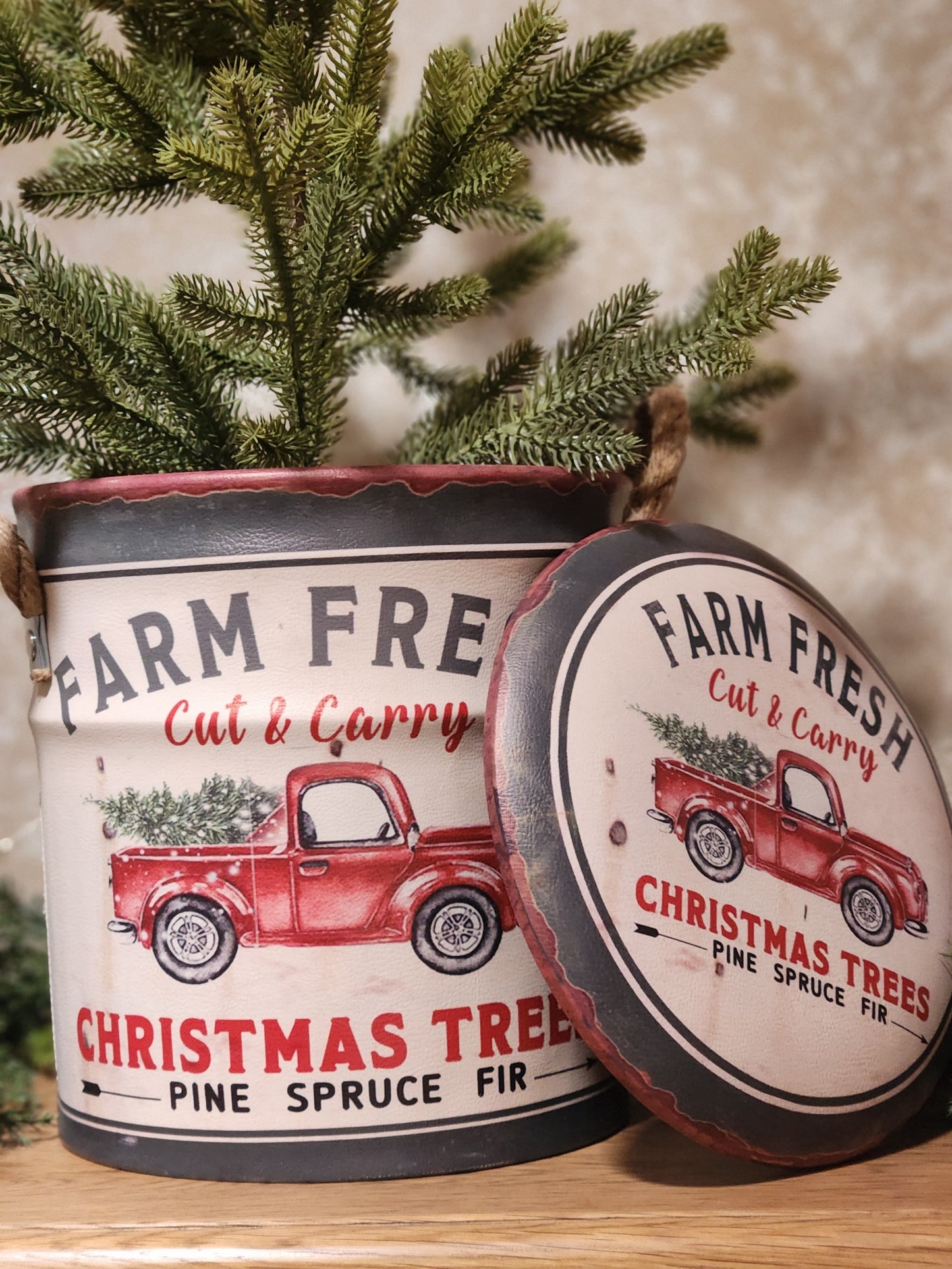 Tree Farm Metal Cans. Set of 2  14in and 11in