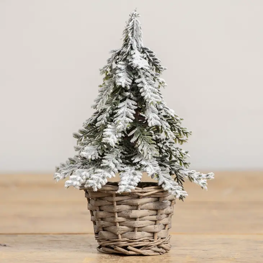 8.5" Snowy Shaggy Tree in Basket