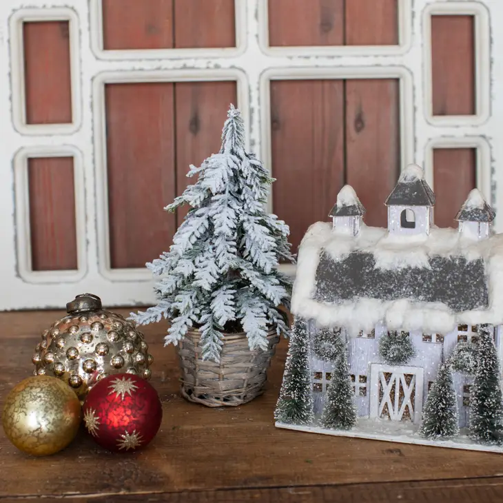 8.5" Snowy Shaggy Tree in Basket