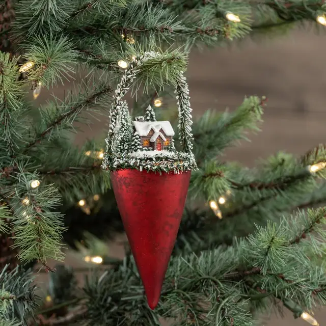 Red Cone w/ Cabin glass Ornament