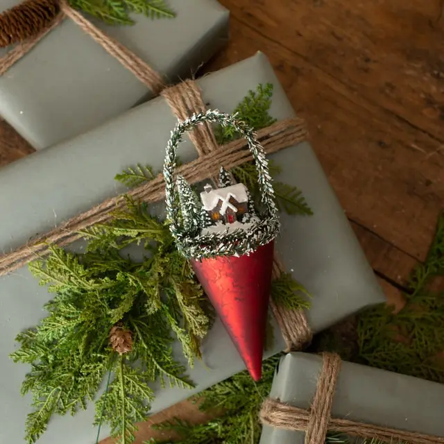 Red Cone w/ Cabin glass Ornament