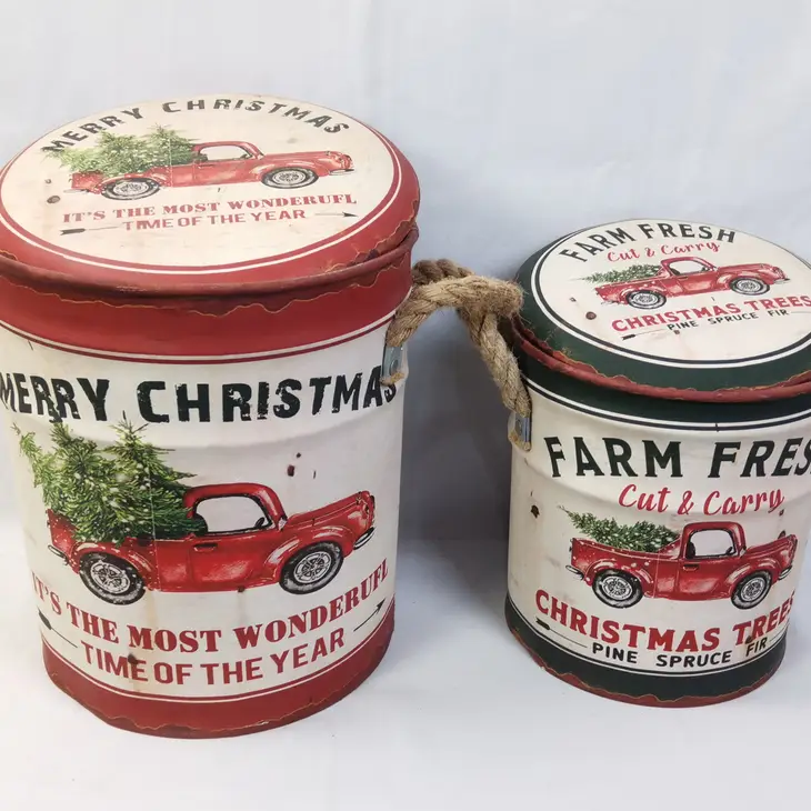 Tree Farm Metal Cans. Set of 2  14in and 11in